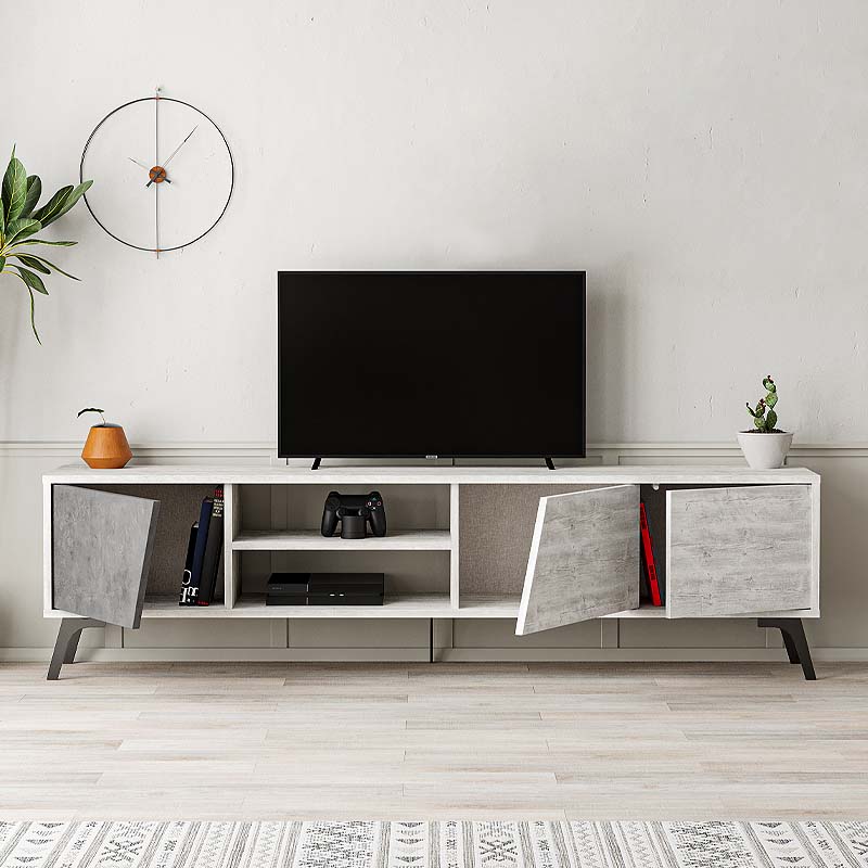 CARLITO TV Stand in Ancient White and Retro Grey, showcasing its elegant design and spacious surface.