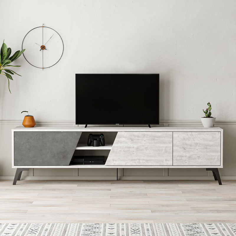 CARLITO TV Stand in Ancient White and Retro Grey, showcasing its elegant design and spacious surface.