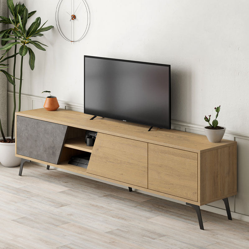 CARLITO TV Stand in retro grey oak, showcasing its sleek design and spacious dimensions.