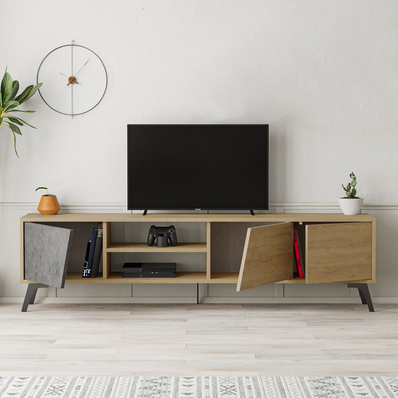 CARLITO TV Stand in retro grey oak, showcasing its sleek design and spacious dimensions.