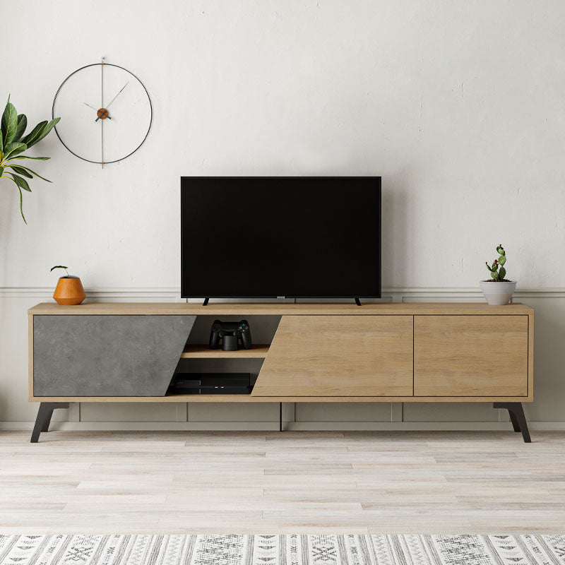 CARLITO TV Stand in retro grey oak, showcasing its sleek design and spacious dimensions.