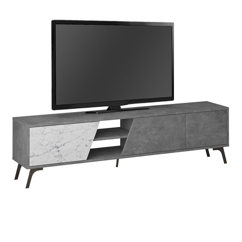 TV Stand CARLITO in retro grey with white marble effect, showcasing its sleek design and spacious dimensions.