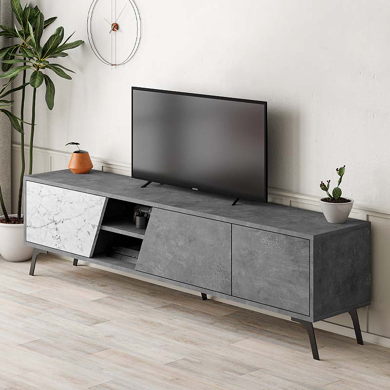 TV Stand CARLITO in retro grey with white marble effect, showcasing its sleek design and spacious dimensions.