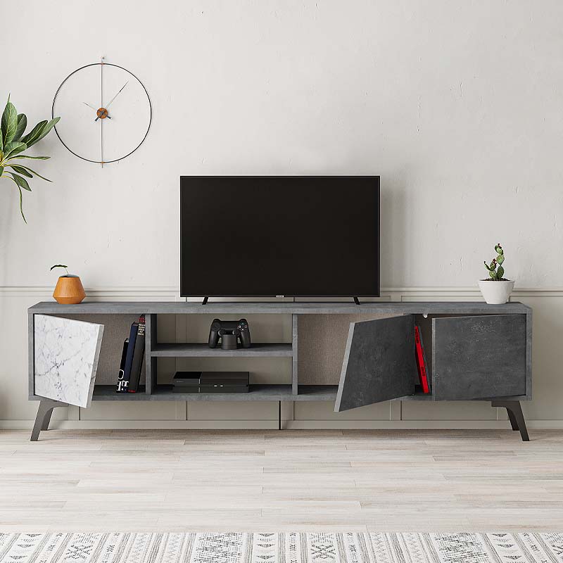 TV Stand CARLITO in retro grey with white marble effect, showcasing its sleek design and spacious dimensions.