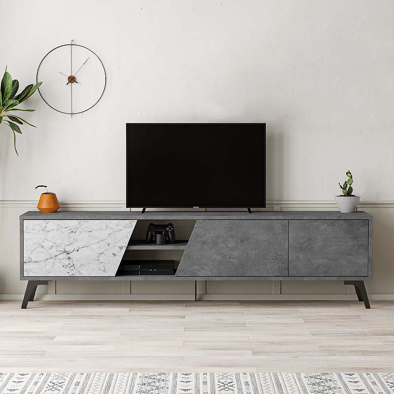 TV Stand CARLITO in retro grey with white marble effect, showcasing its sleek design and spacious dimensions.