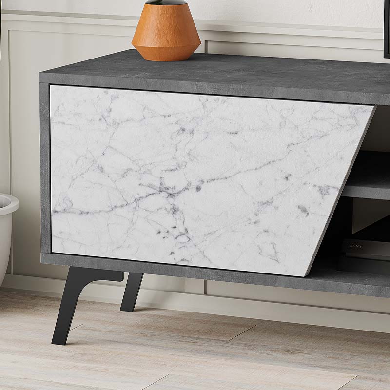 TV Stand CARLITO in retro grey with white marble effect, showcasing its sleek design and spacious dimensions.