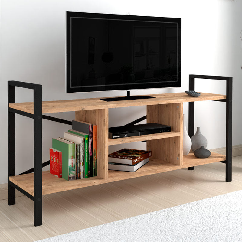 CARLOS Black TV Stand featuring a sleek design with melamine black and oak finish, perfect for modern living spaces.