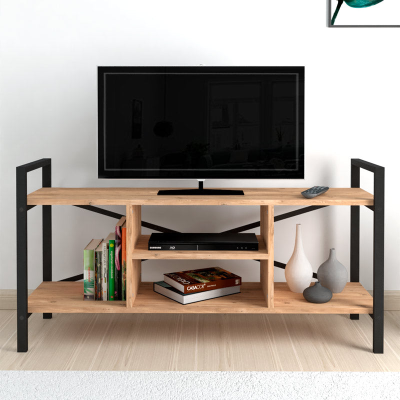 CARLOS Black TV Stand featuring a sleek design with melamine black and oak finish, perfect for modern living spaces.