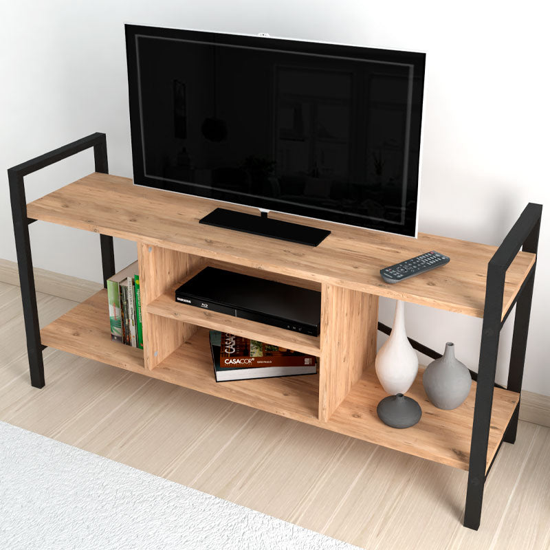 CARLOS Black TV Stand featuring a sleek design with melamine black and oak finish, perfect for modern living spaces.