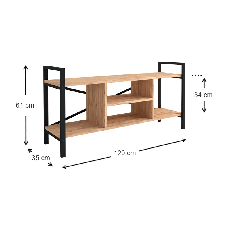 CARLOS Black TV Stand featuring a sleek design with melamine black and oak finish, perfect for modern living spaces.