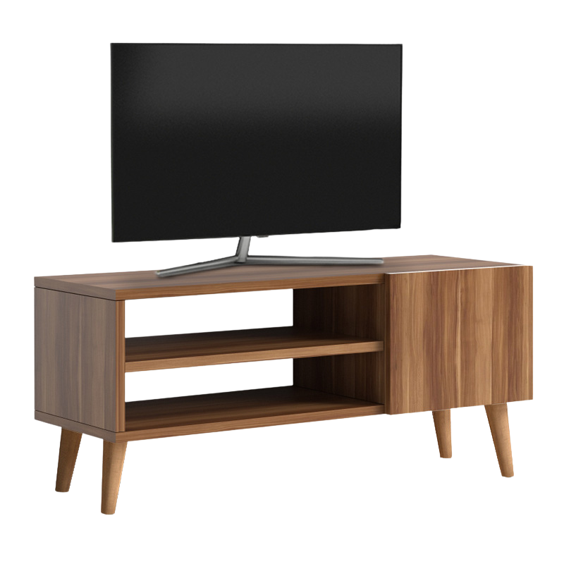 TV Stand CASSANDRA in walnut finish with shelves and cabinet, showcasing elegant design and sturdy beech wood legs.