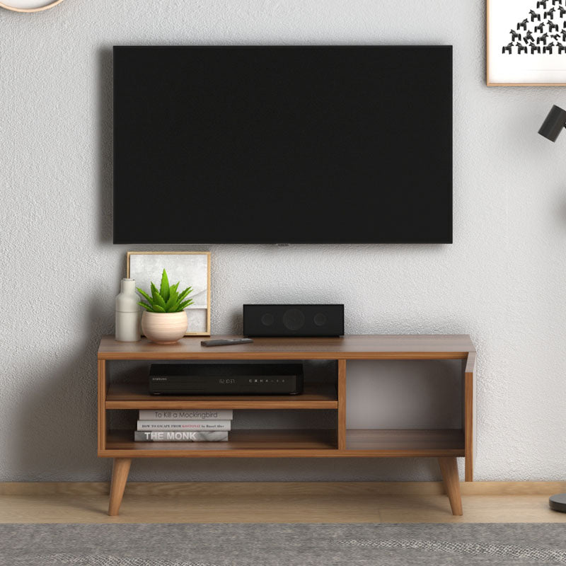 TV Stand CASSANDRA in walnut finish with shelves and cabinet, showcasing elegant design and sturdy beech wood legs.