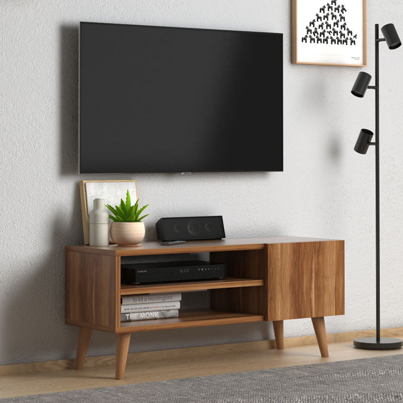 TV Stand CASSANDRA in walnut finish with shelves and cabinet, showcasing elegant design and sturdy beech wood legs.