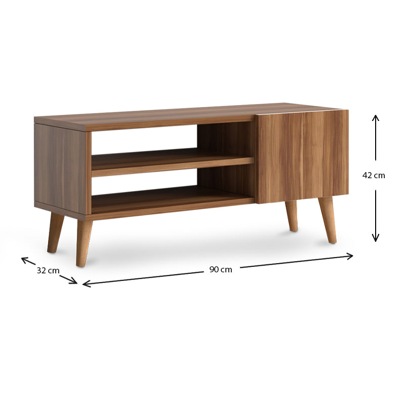 TV Stand CASSANDRA in walnut finish with shelves and cabinet, showcasing elegant design and sturdy beech wood legs.