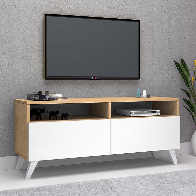 TV Stand CEZAR in sonoma white finish, featuring a sleek design and sturdy construction, measuring 120x35x50 cm.