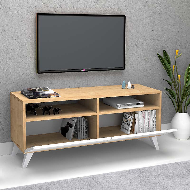 TV Stand CEZAR in sonoma white finish, featuring a sleek design and sturdy construction, measuring 120x35x50 cm.