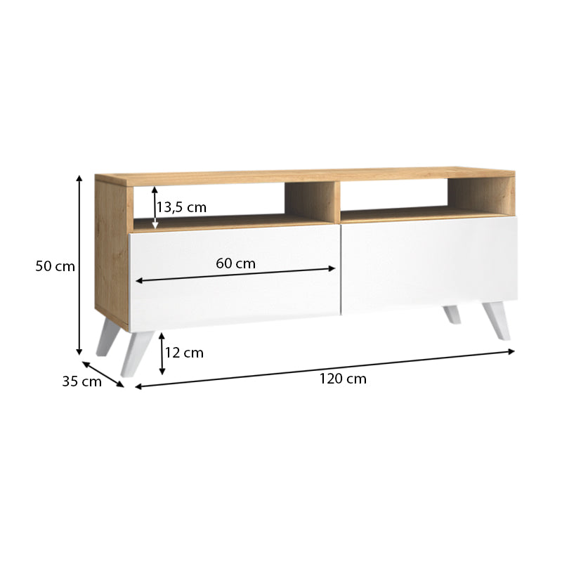 TV Stand CEZAR in sonoma white finish, featuring a sleek design and sturdy construction, measuring 120x35x50 cm.