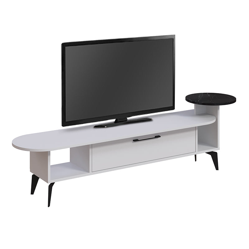 CLASICO TV Stand in white melamine, measuring 188x40x42.6cm, showcasing its sleek design and ample storage space.