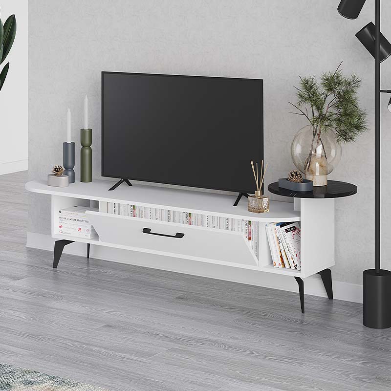 CLASICO TV Stand in white melamine, measuring 188x40x42.6cm, showcasing its sleek design and ample storage space.