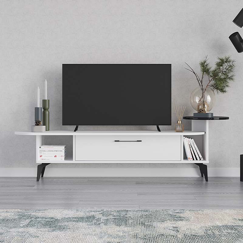 CLASICO TV Stand in white melamine, measuring 188x40x42.6cm, showcasing its sleek design and ample storage space.