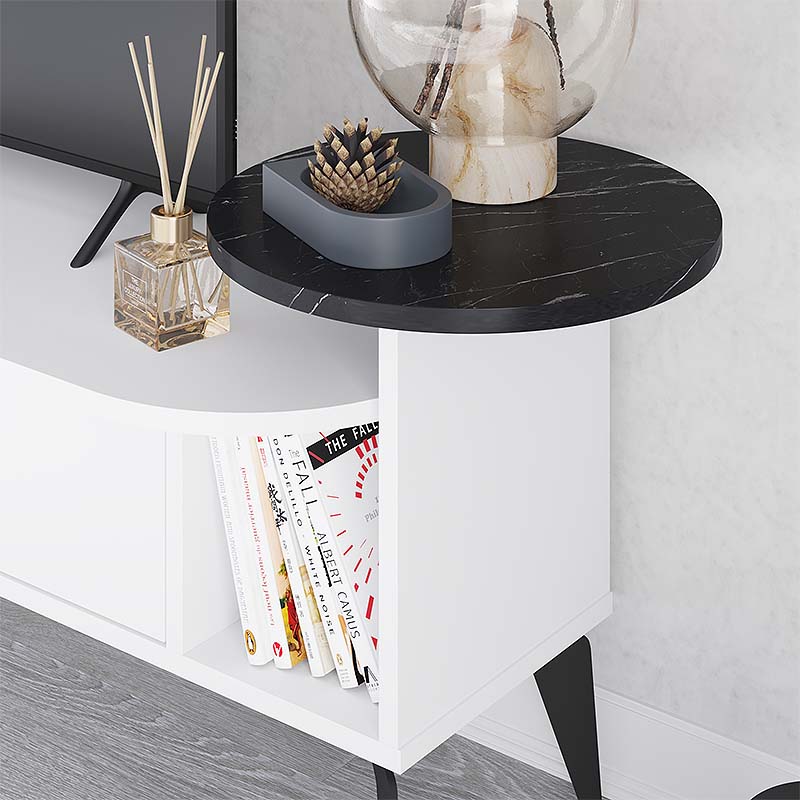 CLASICO TV Stand in white melamine, measuring 188x40x42.6cm, showcasing its sleek design and ample storage space.