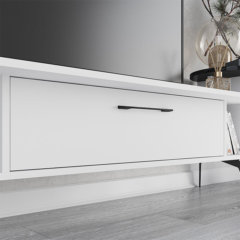 CLASICO TV Stand in white melamine, measuring 188x40x42.6cm, showcasing its sleek design and ample storage space.