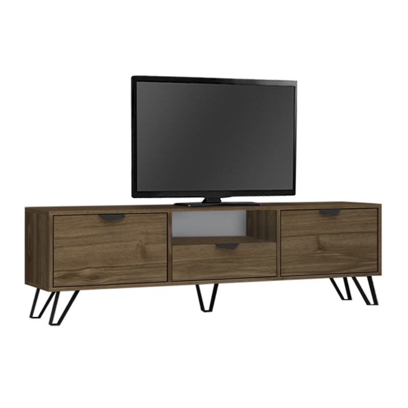 TV Stand CLEO in walnut finish, featuring two cupboards, a central drawer, and metal legs, dimensions 170x35x50 cm.