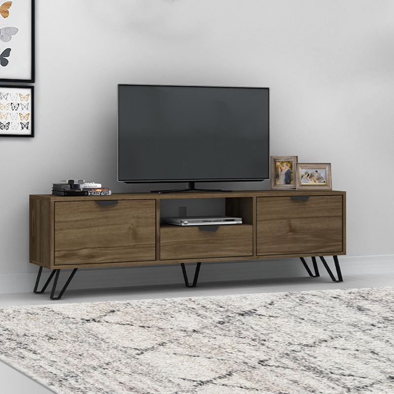 TV Stand CLEO in walnut finish, featuring two cupboards, a central drawer, and metal legs, dimensions 170x35x50 cm.