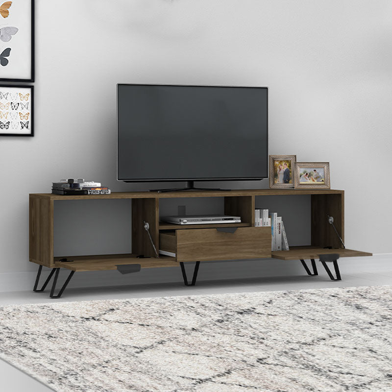 TV Stand CLEO in walnut finish, featuring two cupboards, a central drawer, and metal legs, dimensions 170x35x50 cm.