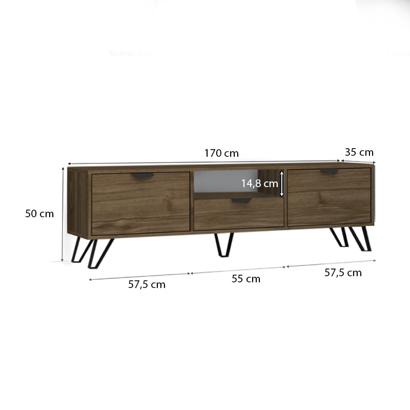 TV Stand CLEO in walnut finish, featuring two cupboards, a central drawer, and metal legs, dimensions 170x35x50 cm.