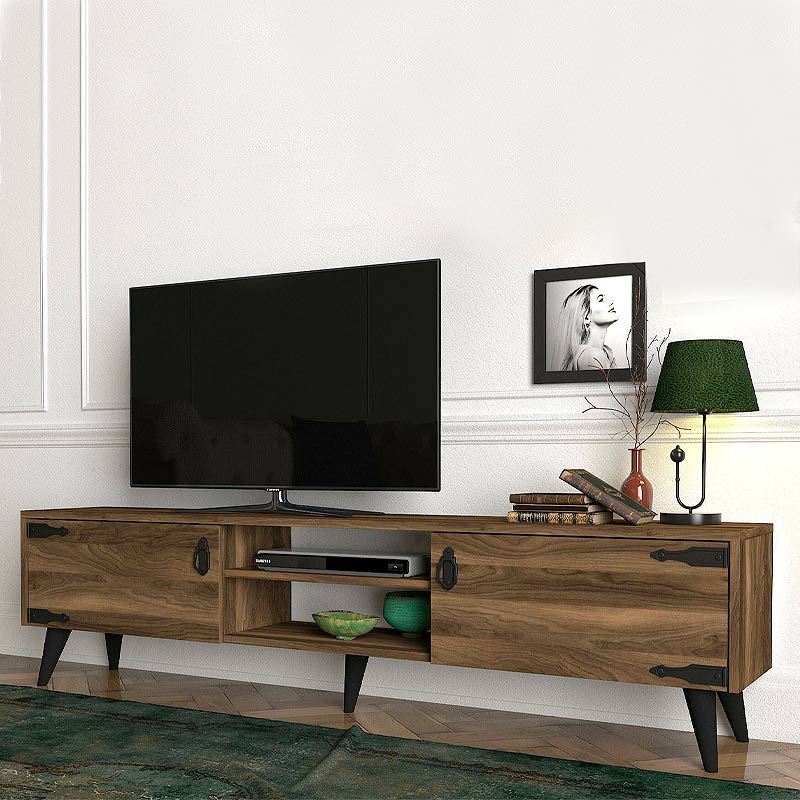 Walnut TV stand CONDOR with two cabinets and shelves, dimensions 180x30x41 cm.