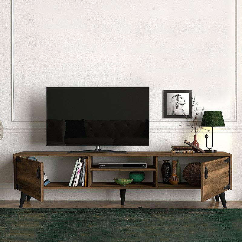 Walnut TV stand CONDOR with two cabinets and shelves, dimensions 180x30x41 cm.