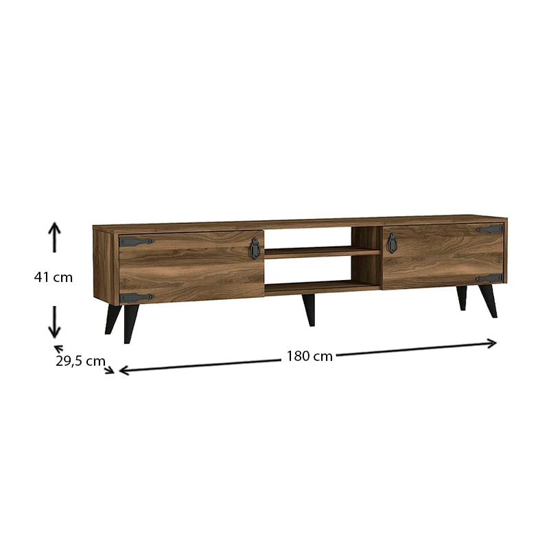 Walnut TV stand CONDOR with two cabinets and shelves, dimensions 180x30x41 cm.