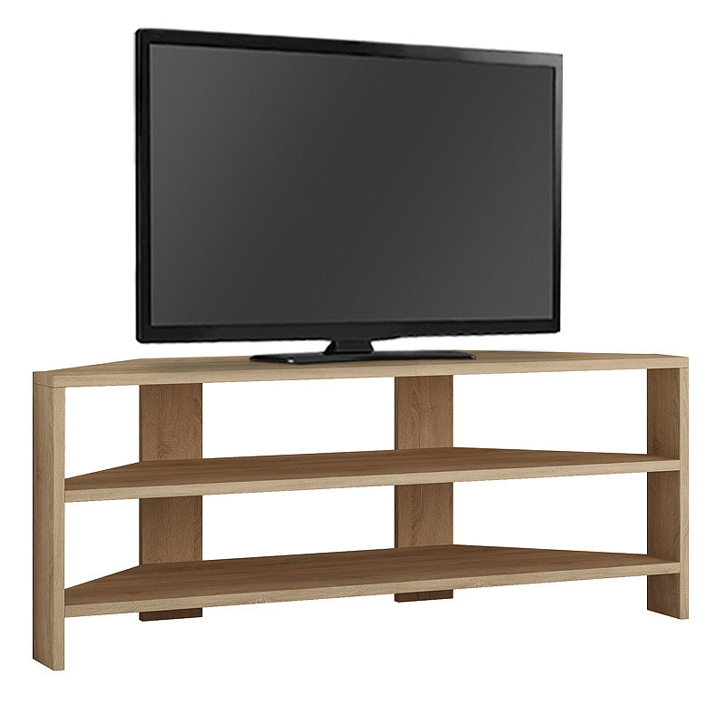 Corner TV Stand in Oak with two shelves, designed for space-saving and durability.