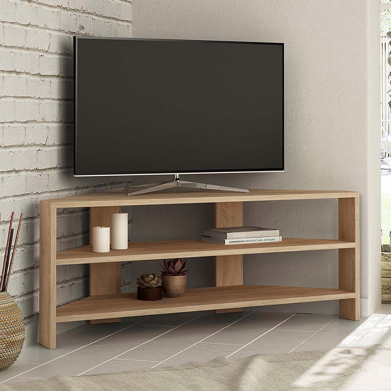 Corner TV Stand in Oak with two shelves, designed for space-saving and durability.