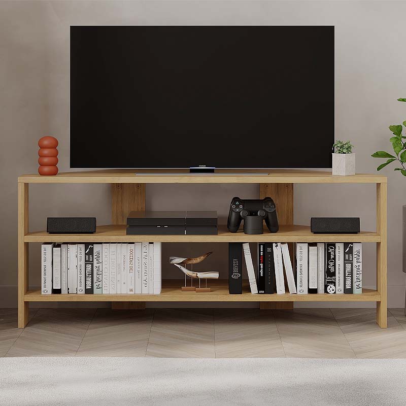 Corner TV Stand in Oak with two shelves, designed for space-saving and durability.