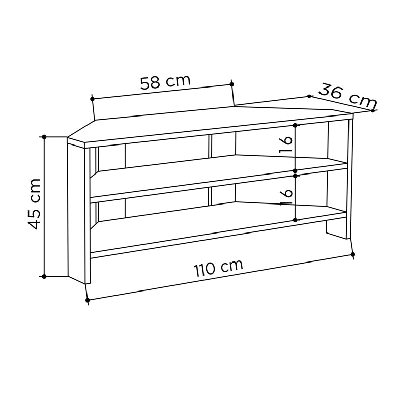 Corner TV Stand in Oak with two shelves, designed for space-saving and durability.