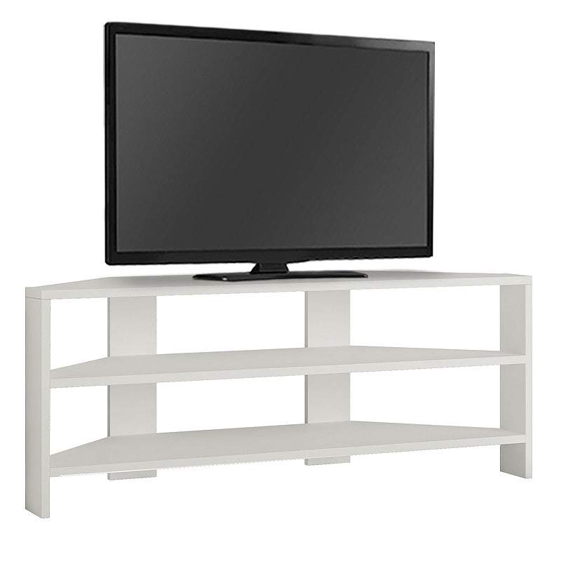 White corner TV stand with two shelves, designed for space-saving and modern decor.