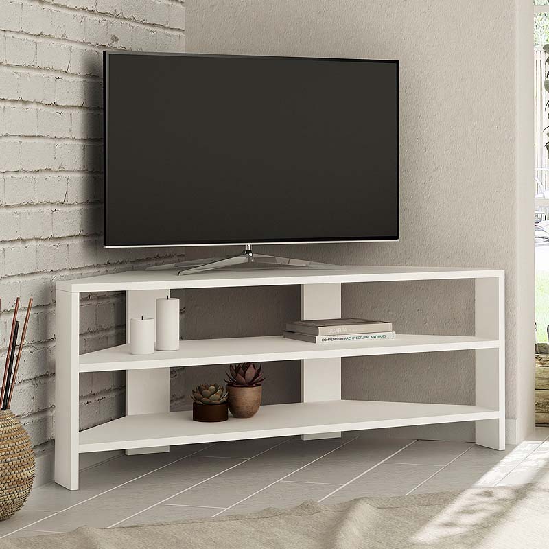 White corner TV stand with two shelves, designed for space-saving and modern decor.