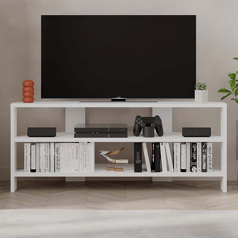 White corner TV stand with two shelves, designed for space-saving and modern decor.