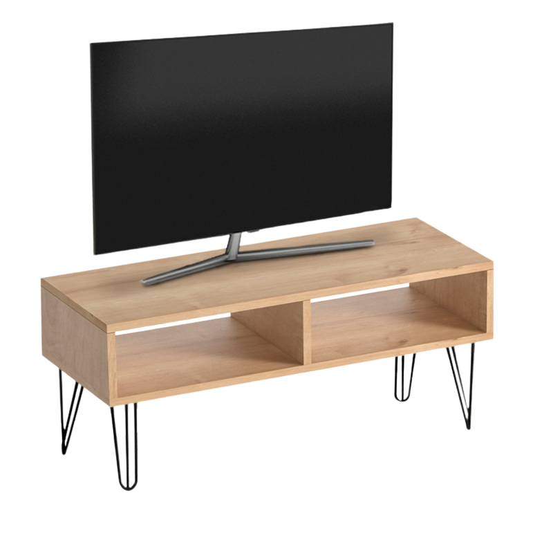 TV Stand DANDY in oak finish with two shelves and black metal legs, showcasing its modern design and compact size.