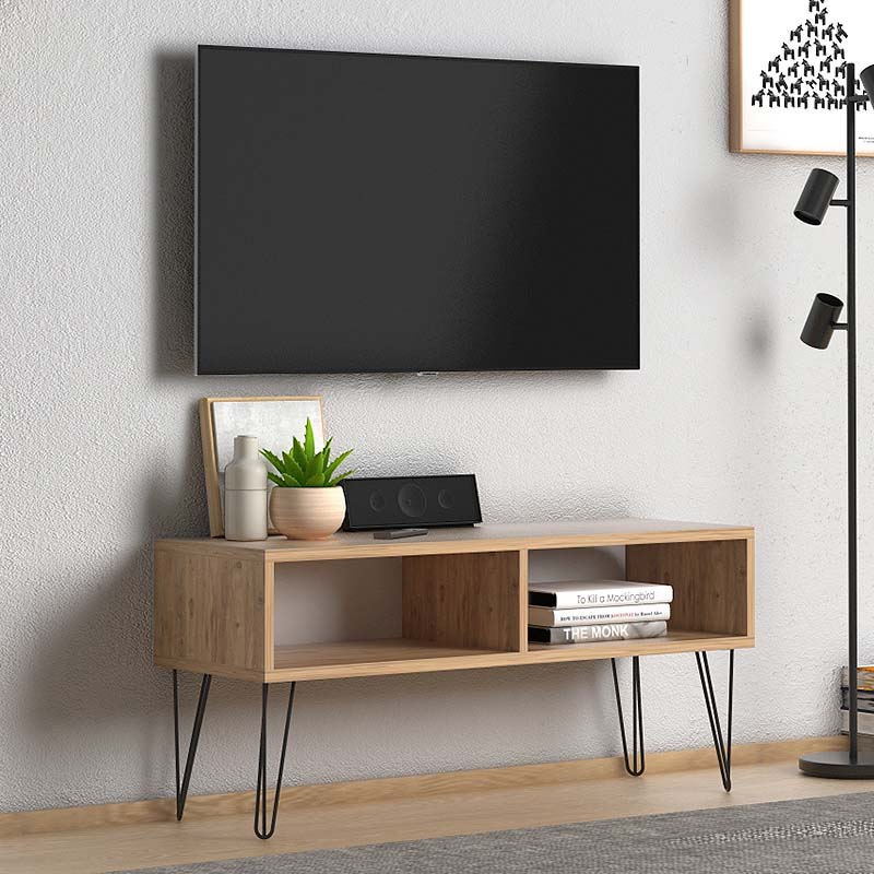 TV Stand DANDY in oak finish with two shelves and black metal legs, showcasing its modern design and compact size.