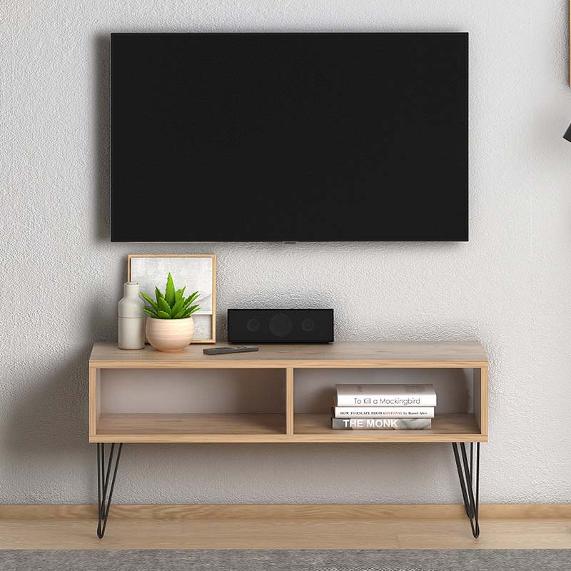 TV Stand DANDY in oak finish with two shelves and black metal legs, showcasing its modern design and compact size.