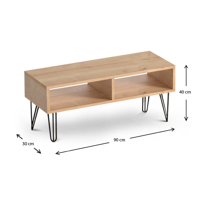 TV Stand DANDY in oak finish with two shelves and black metal legs, showcasing its modern design and compact size.