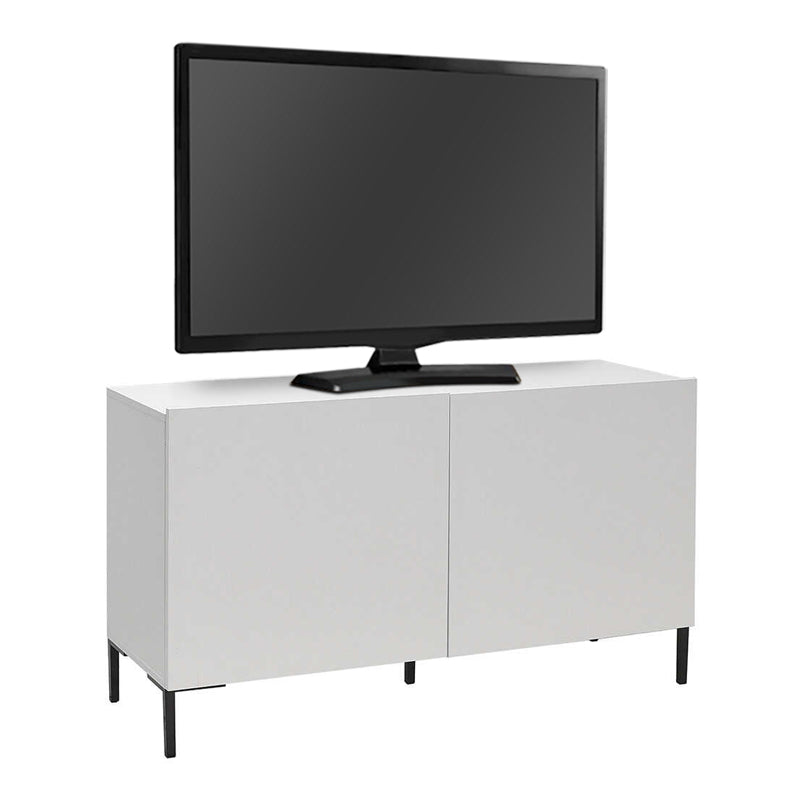 White TV Stand DANNY made of melamine, featuring a double-leaf cabinet and a modern design, measuring 120x70x43 cm.