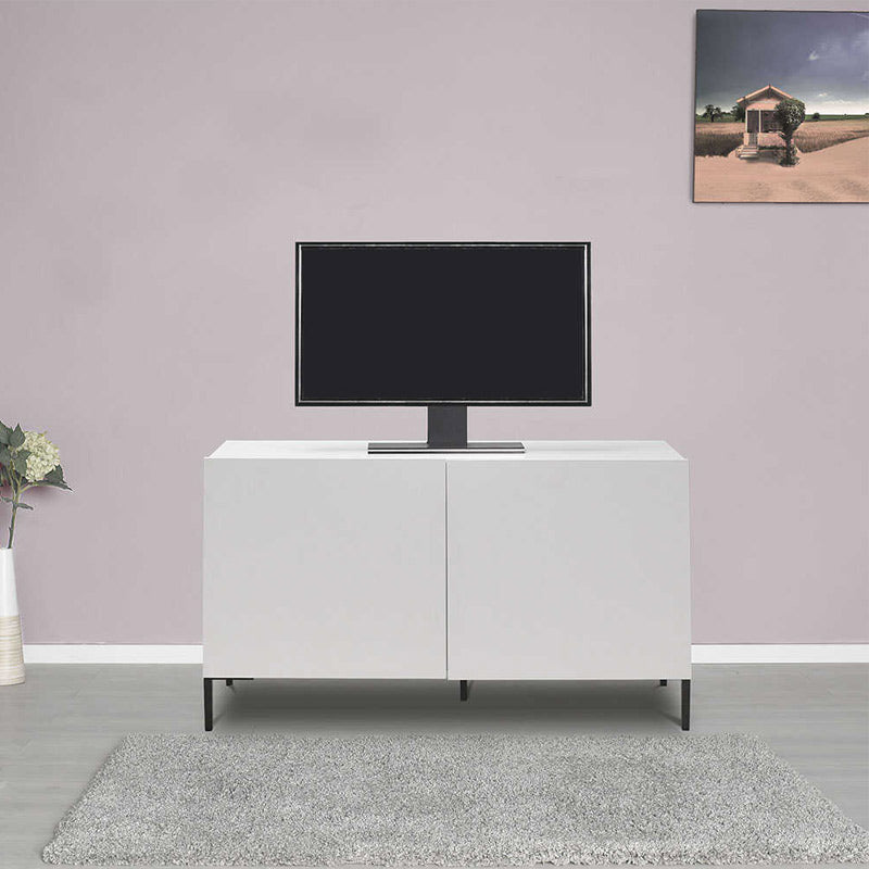 White TV Stand DANNY made of melamine, featuring a double-leaf cabinet and a modern design, measuring 120x70x43 cm.