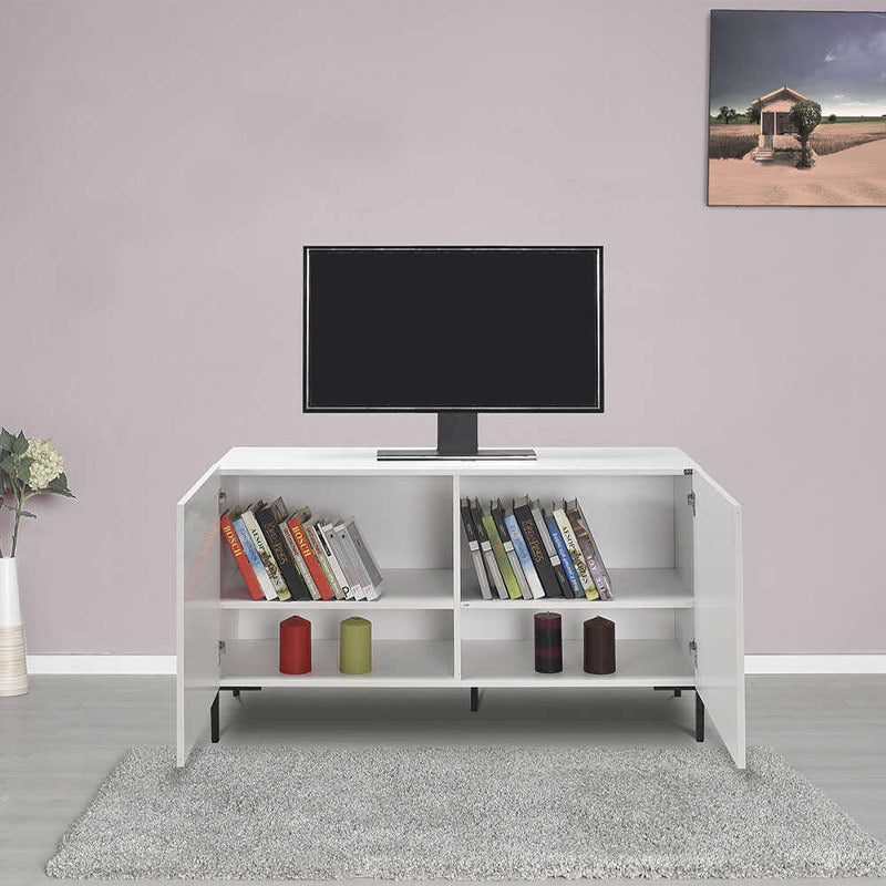 White TV Stand DANNY made of melamine, featuring a double-leaf cabinet and a modern design, measuring 120x70x43 cm.