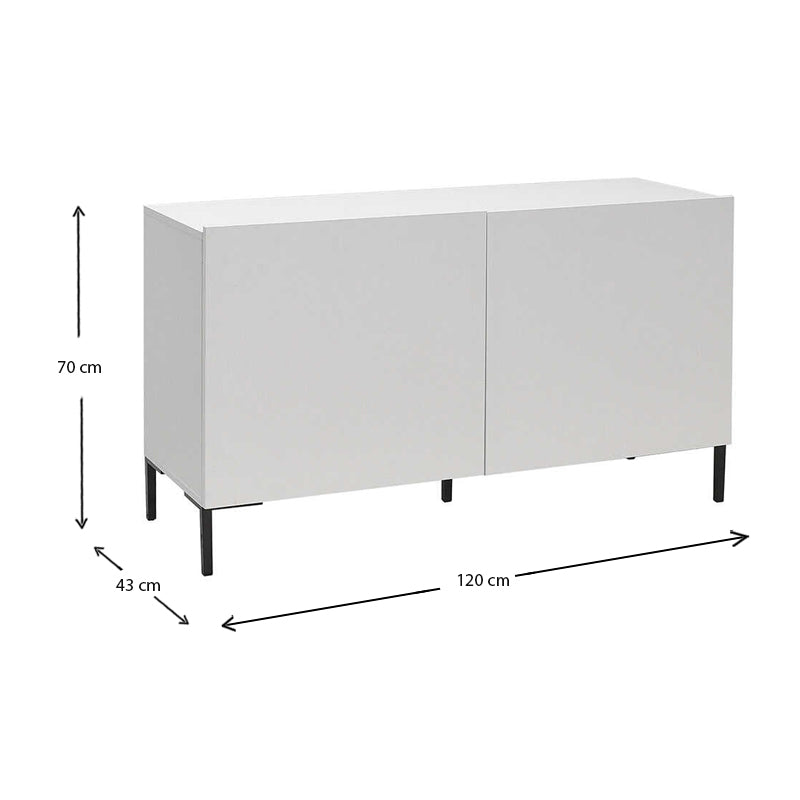 White TV Stand DANNY made of melamine, featuring a double-leaf cabinet and a modern design, measuring 120x70x43 cm.