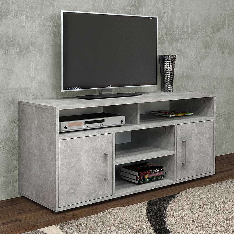 DISSOT Grey Concrete TV Stand with two cabinets and three shelves, measuring 120x40x55cm, showcasing a modern design.