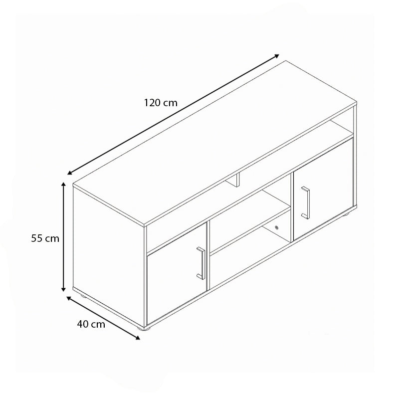 DISSOT Grey Concrete TV Stand with two cabinets and three shelves, measuring 120x40x55cm, showcasing a modern design.